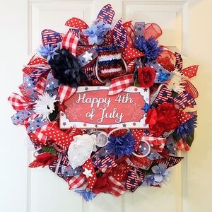 Happy Fourth of July Patriotic Deco Mesh Wreath, Red White and Blue Door Decor